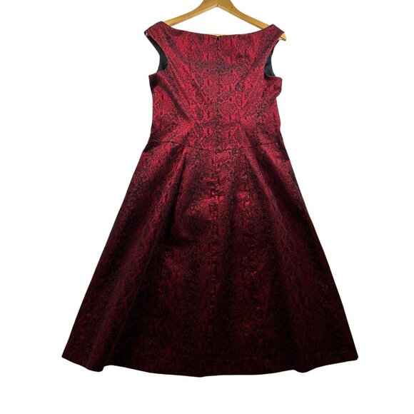 ALEX EVENINGS Red Black Metallic Brocade Fit &‎ Flare Glam Cocktail Dress Sz 10 - Picture 2 of 7